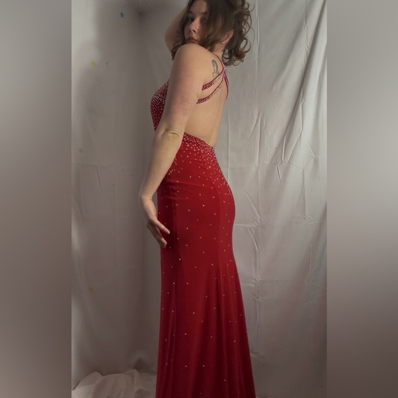 American Vintage Dresses & Skirts - VTG 90s/Y2K Red Jeweled Open Back Full Length Formal Dress Size M-L